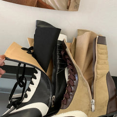 Aiertu    -  Black And White Boots Women Pointed Toe Lace Up Sports Style Wedges Shoe Fall Mid-calf Boots Comfort High Heels New Arrivals Aiertu