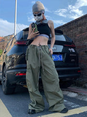 Aiertu  -  Green Women Cargo Pants Parachute Oversize Straight Leg Trousers Low Waist Sweatpants Casual Drawstring Side Pocket Alt Aiertu