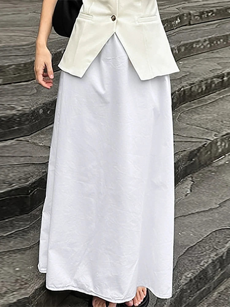 Aiertu  -  Solid Cotton Linen Elastic High Waist Maxi Skirt Elegant Ankle-length Pleated A-line Skirts Fashion Mid-calf Length Skirts Aiertu