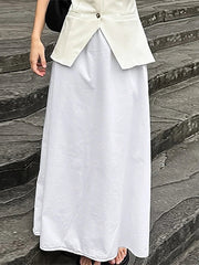 Aiertu  -  Solid Cotton Linen Elastic High Waist Maxi Skirt Elegant Ankle-length Pleated A-line Skirts Fashion Mid-calf Length Skirts Aiertu