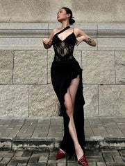 Aiertu  -  Sexy Hollow Out Dress Women Sling Backless Irregular Ruffle Hem Split Dresses Female 2025 Spring Summer Lace Club Bar Lady Robe Aiertu