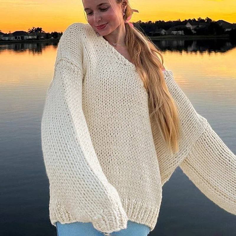 Aiertu  -  Loose Big V Neck knitted Sweater For Women Casual Solid Color Pullovers Top Long Sleeve Hollow Top Autumn Winter New 2026 Aiertu