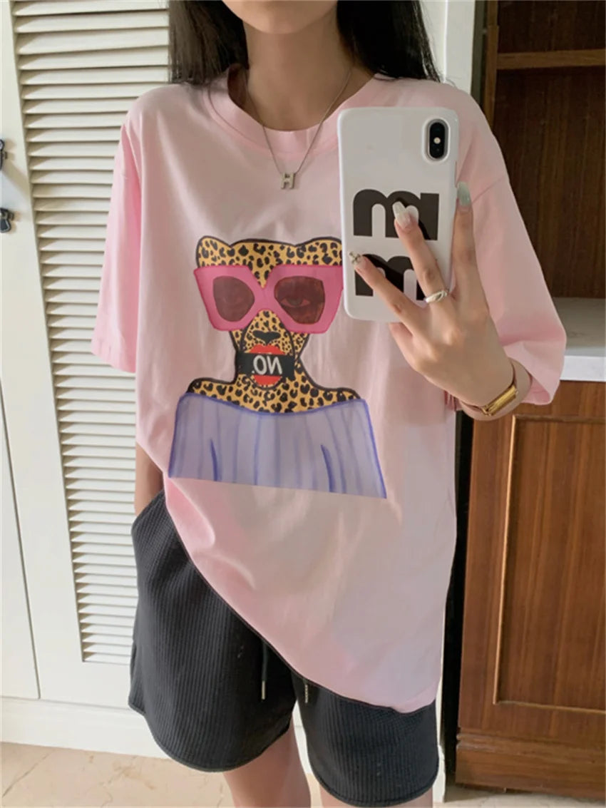 Aiertu  -  Cartoon Printed T-Shirts Casual High Street Women Loose Summer OL All Match Mujer Half Sleeve Chic Office Lady Tees Aiertu