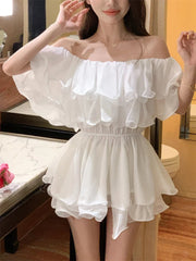 Aiertu Dresses Women Off Shoulder Slash Neck Ruffles Sexy Spring Summer Patchwork Solid Loose Elegant Mini Dress Ladies Fashion Aiertu