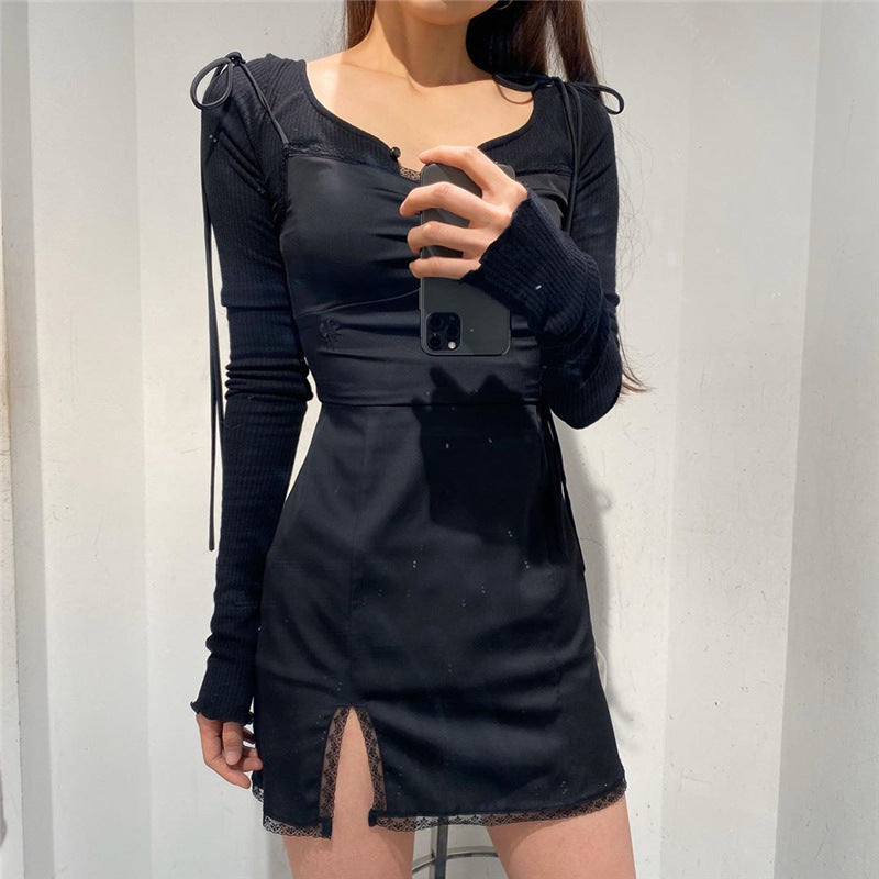 Aiertu - Square collar lace satin split dress Aiertu