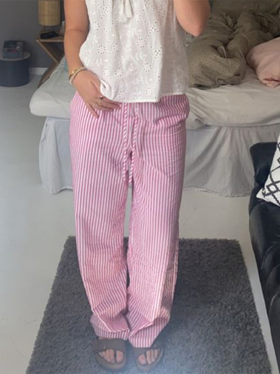 Aiertu  -  Women's Casual Striped Print Pants Drawstring Elastic Waist Loose Straight Pants with Pockets Sleep Bottoms Korean Home Wears Aiertu