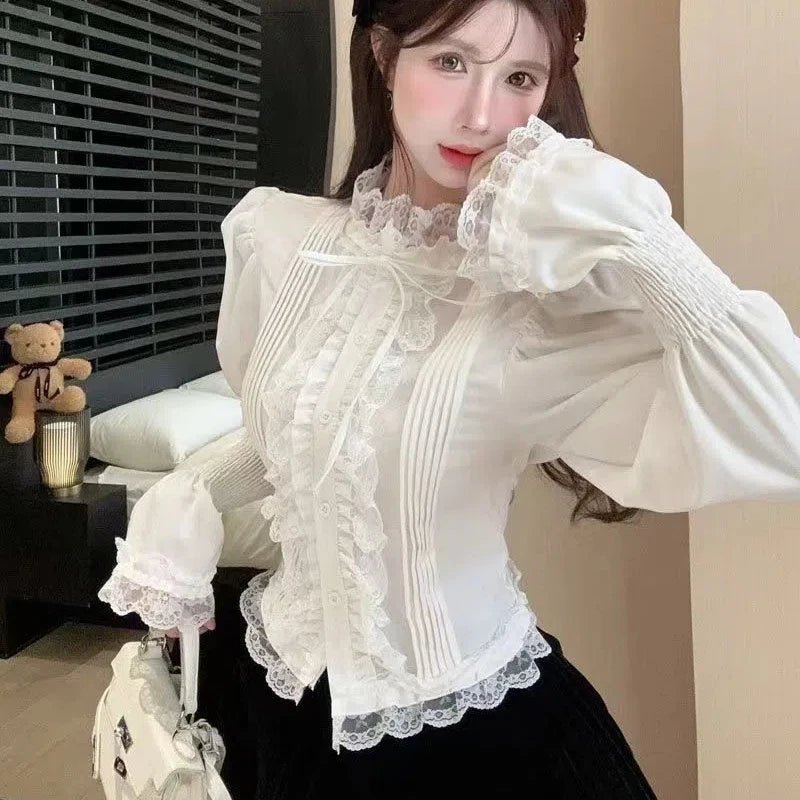 Aiertu Horn Bubble Sleeve Shirt Women's Half High Collar Top Lace Bottom Shirt Aiertu