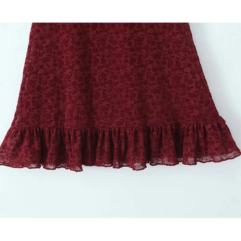 Aiertu  -  Summer Women Short Sleeve Bow V Neck A-line Mini Dress Lady High Waist Hem Ruffle Floral Wine Red Dresses Vintage Robe Aiertu