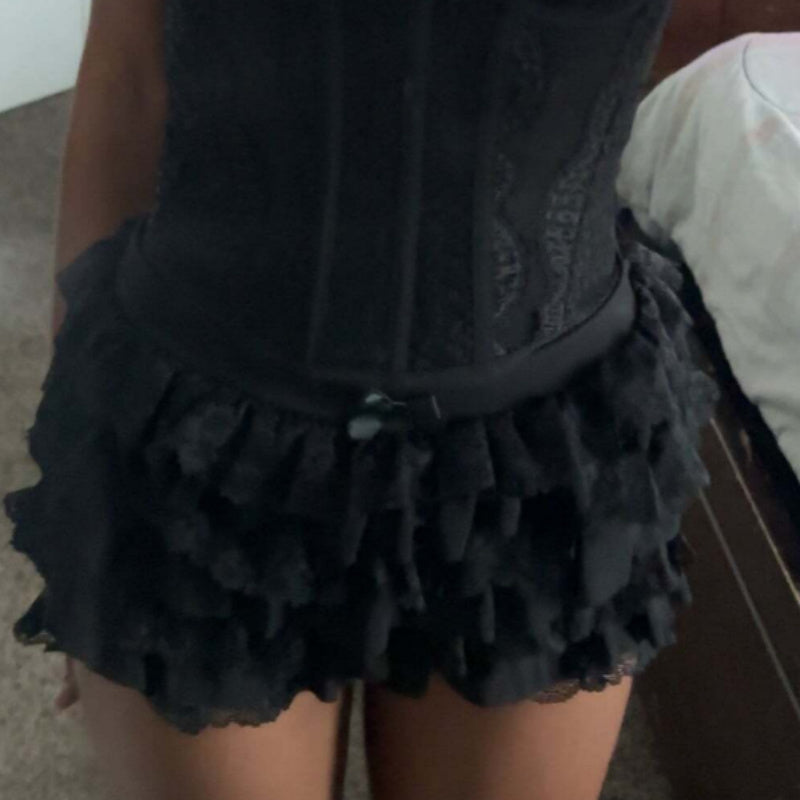 Aiertu  -  Women Lace Trim Layered Ruffle Mini Skirts Cute Bow Mesh Tutu Lolita Ruffled Tiered Micro Skirts Bloomer Pettipants Bottoms Aiertu