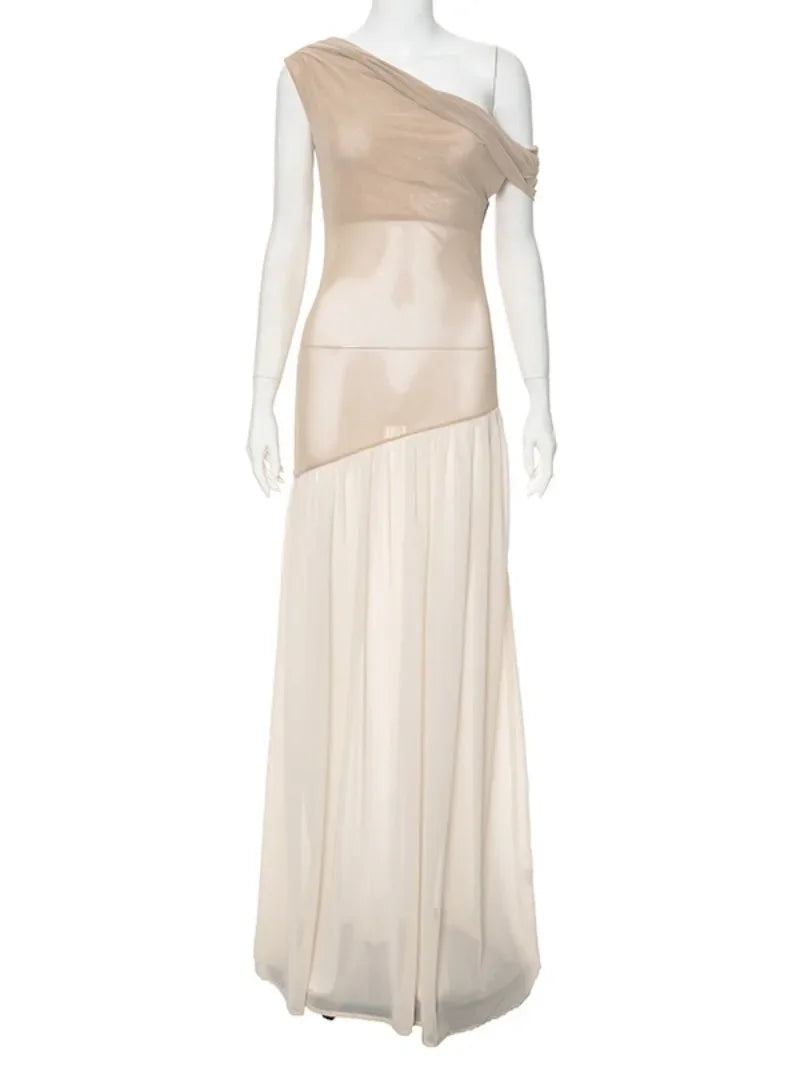 Aiertu  -  Woman Clothing One Shoulder See-through Mesh Maxi Dress Elegant Diagonal Collar Sleeveless Irregular Long Party Evening Dresses Aiertu