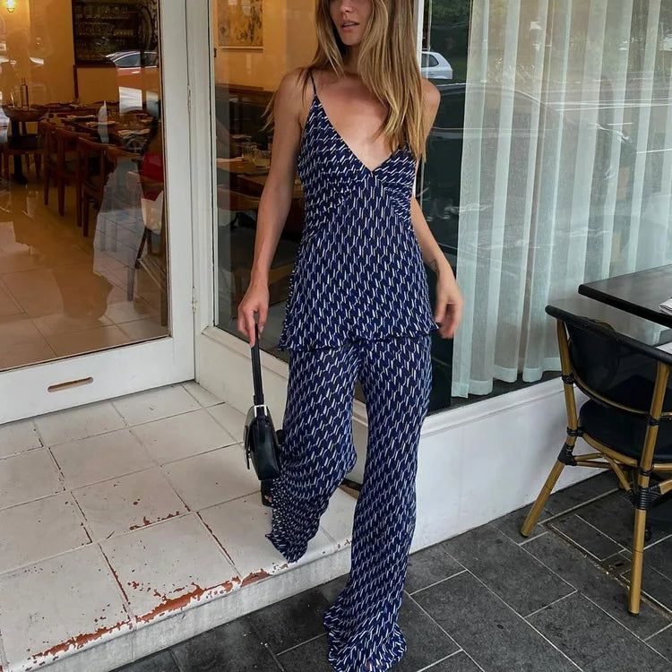 Aiertu     -  Fall Outfits 2026 Summer Sexy V Neck Camisole 2 Piece Set Women New Sleeveless Tank Top+Wide Leg Pants Sets Streetwear Fashion Elegant Print Suits Aiertu