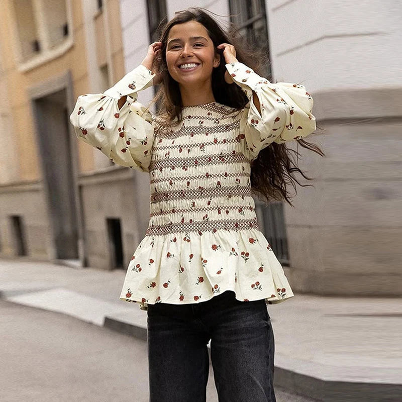 Aiertu  -  Print Pleated Women Shirt Bohemian Long Flare Sleeve Female Shirts 2025 Elegant O Neck Spring  A Line Patchwork Lady Blouse Aiertu