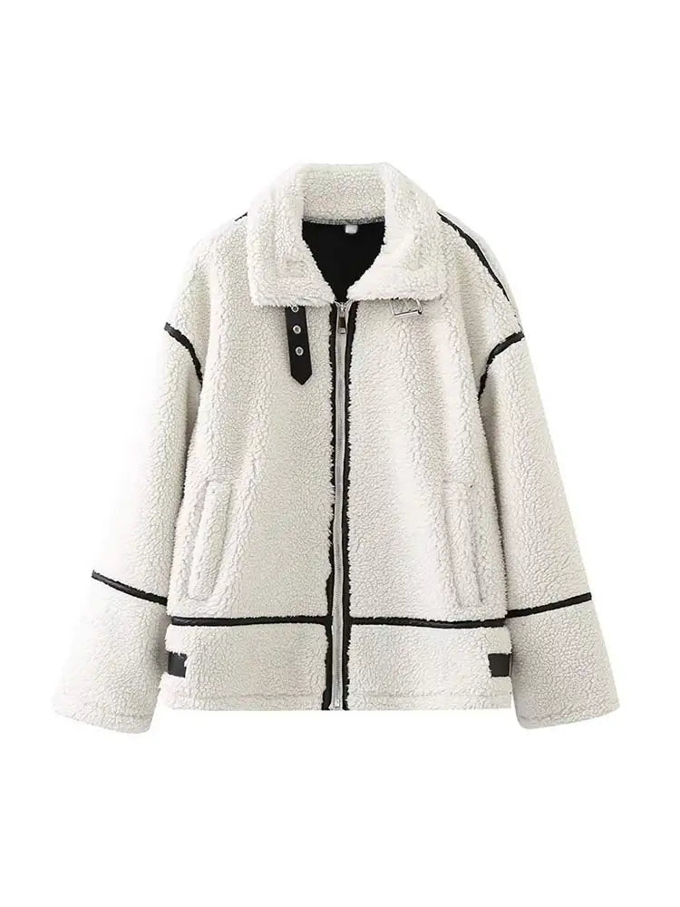 Aiertu  -  Women Plush Zipper Jacket Solid Patchwork Long Sleeve Lapel Motorcycle Coat Casual Autumn Winter Female Street Warm Outerwear Aiertu