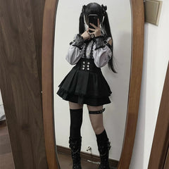 Aiertu Japanese Black Short Skirt Set Gothic Ruffle Mini Skirts Sexy Lace Off Shoulder Lolita Shirt Gown Faldas Y2k Aesthetic Suit Aiertu