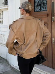 Aiertu  -  Retro Lapel With Pocket Pu Leather Jacket Women Fashion Single Breasted Long Sleeve Loose Coat 2026 Autumn Chic Lady New Outwear Aiertu