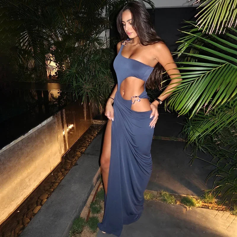 Aiertu  -  Metal Buckle Sexy Dress Women Off Shoulder Irregular Hollow Side Slit Long Dresses Femme Vacation Party Club Maxi Dress Aiertu