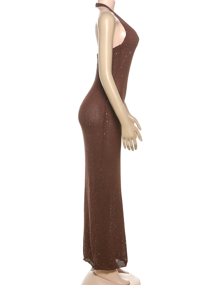 Aiertu  -  Sexy See Through Dress Women Sequins Backless Halter Sleeveless Solid Slim Summer Trend Midnight Club Party Vestidos Aiertu