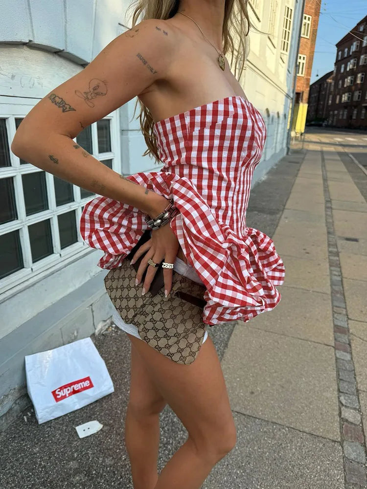 Aiertu  -  Print Red White Checkered Chest Wrap Pleated Fluffy Hem Sleeveless Backless Vacation Versatile Beach Party Trend Tops Aiertu