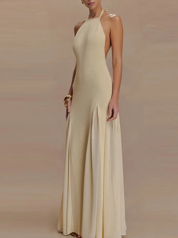 Aiertu  -  Elegant Halter Knitted Tulle Women's Long Dress Backless Lace-up A-line Slim Chic Robe 2026 Summer Beach Party Evening Dresses Aiertu