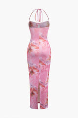Aiertu  Floral Print Halter Slit Corset Midi Dress Aiertu