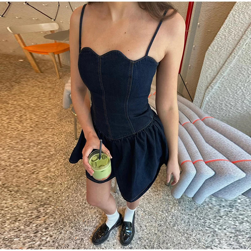 Aiertu  -  Chic Sling Lace Strapless Denim Women's Mini Dress Backless Waist Pleated A-line Dresses 2026 Summer Casual Vacation Ladies Robe Aiertu