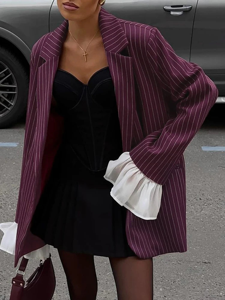 Aiertu  -  Patchwork Notched Collar Lace Women Blazer Flare Sleeve Single Breasted Jacket Femme Winter Loose Casual Women Coat Aiertu