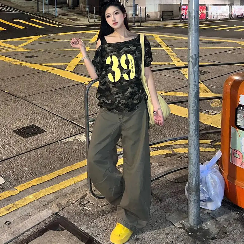 Aiertu  -  street slanted shoulder t-shirt women's summer new camouflage short-sleeved y2k loose and thin off-the-shoulder machine top Aiertu
