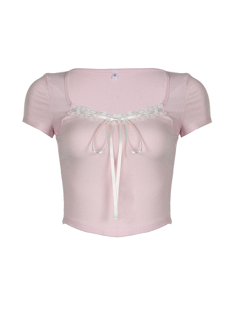 Aiertu - summer inspo Balletcore Sweet Y2K Tie Lace Trim Square Collar Pink T-Shirt Women Short Sleeve 2000s Cute Kawaii Clothes Aiertu