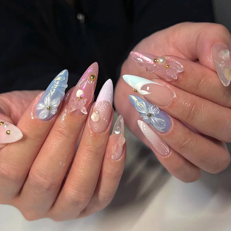 Aiertu  -  24pcs Flower Design Press on Nails Wearable Summer Blue Wave Gradient Almond Fake Nail Art Pearl Cat's Eye Long False Nails Sets Aiertu