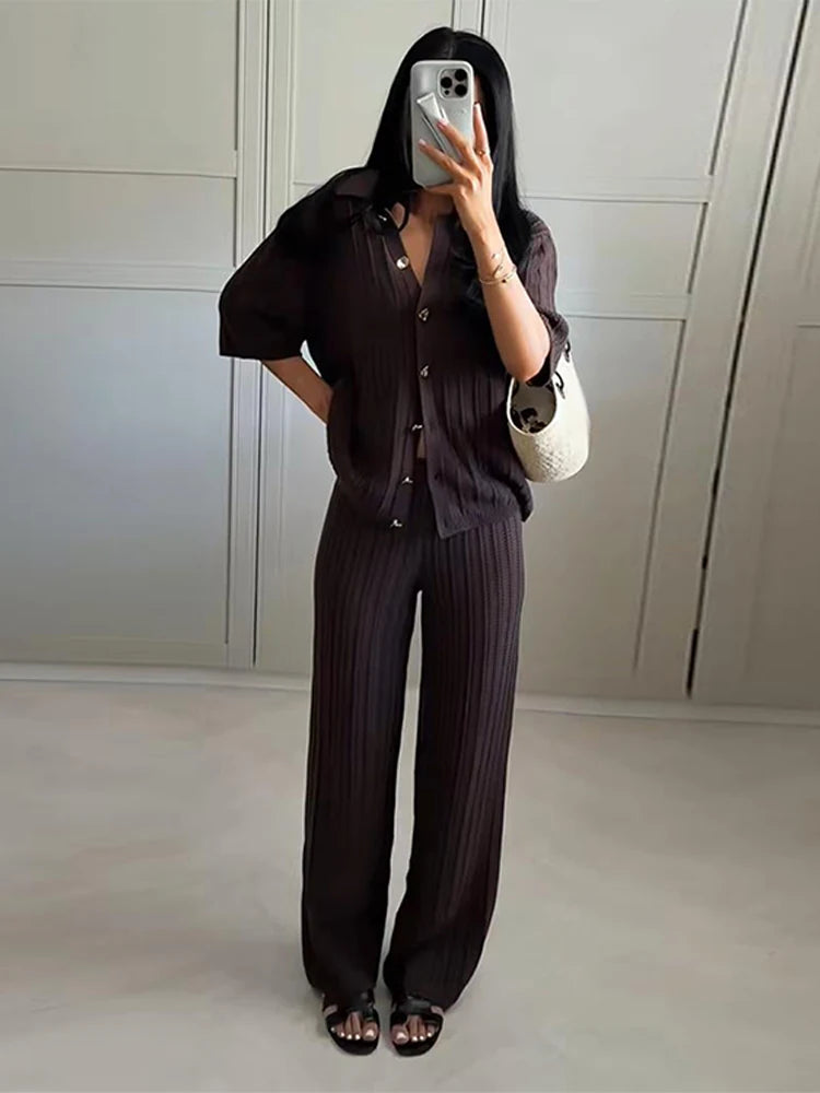 Aiertu  -  Casual Knit Pants Outfits Women Loose Lapel Single Breasted Short Sleeves Hollow Out Suits Female 2026 Spring Summer Solid Sets Aiertu