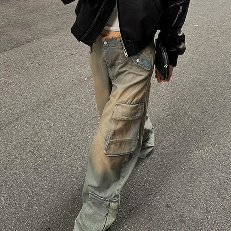 Aiertu  -  y2k Tie Dye Cargo Jeans Big Pockets Low Waisted Baggy Trousers Women Streetwear Korean Fashion 2000s Pants Aesthetic Aiertu