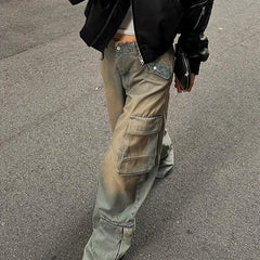 Aiertu  -  y2k Tie Dye Cargo Jeans Big Pockets Low Waisted Baggy Trousers Women Streetwear Korean Fashion 2000s Pants Aesthetic Aiertu