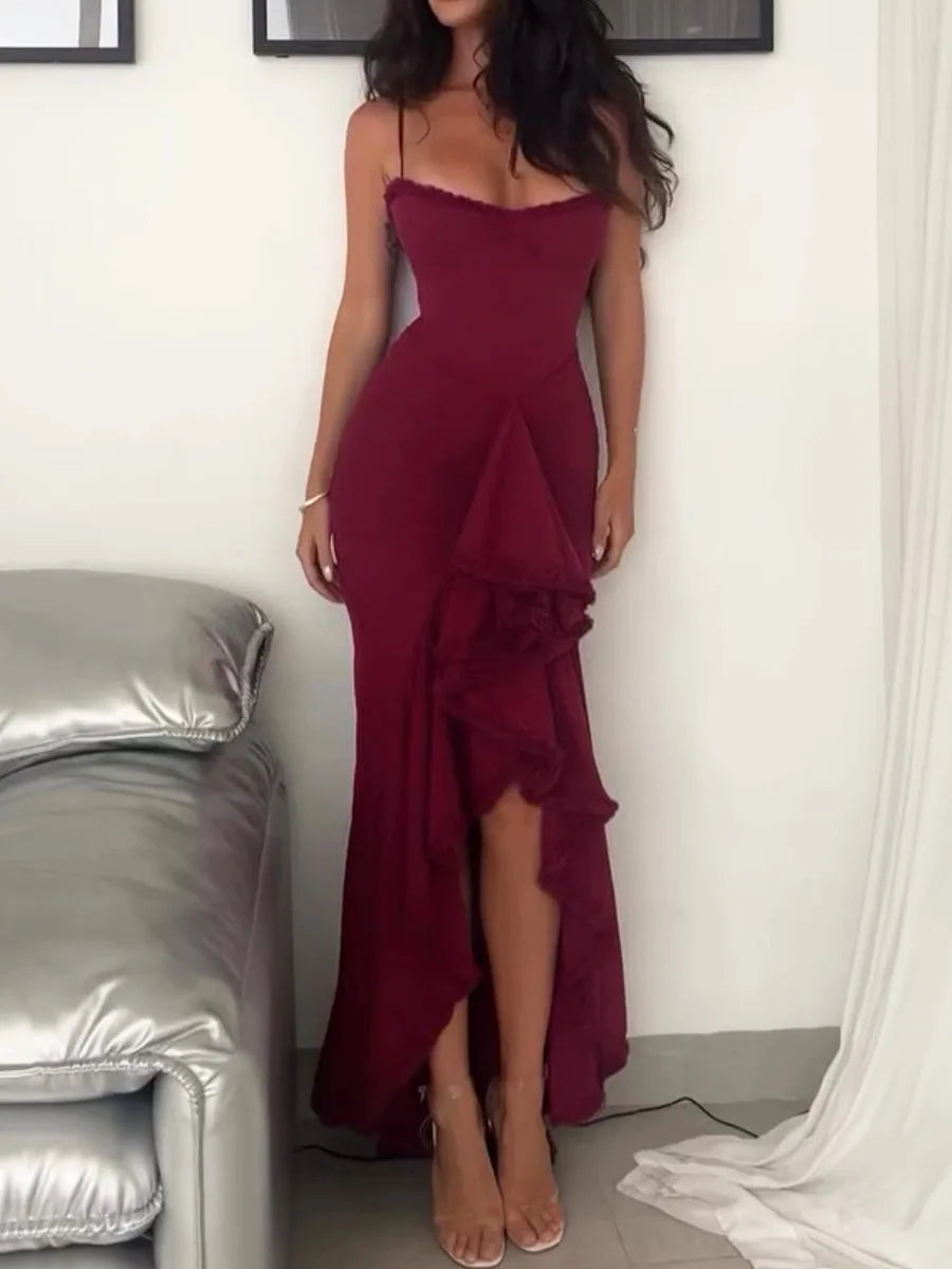 Aiertu  -  Sexy Spaghetti Strap Ruffle Irregular Bodycon Party Club Evening Dress Women  Mesh Suspender Spring Summer Holiday Beach Aiertu