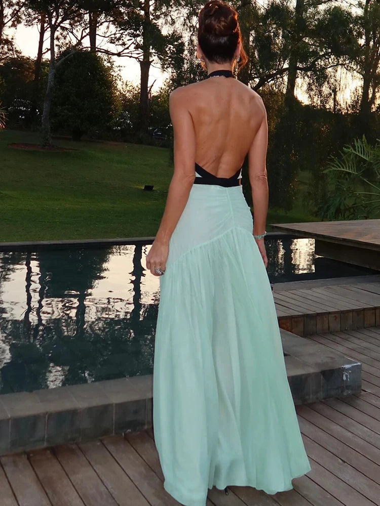 Aiertu  -  Women's French Classic Maxi Dress Panelled Trim Halter Deep V-neck Backless Pleated Long Robe Lady Elegant Evening Robe Aiertu