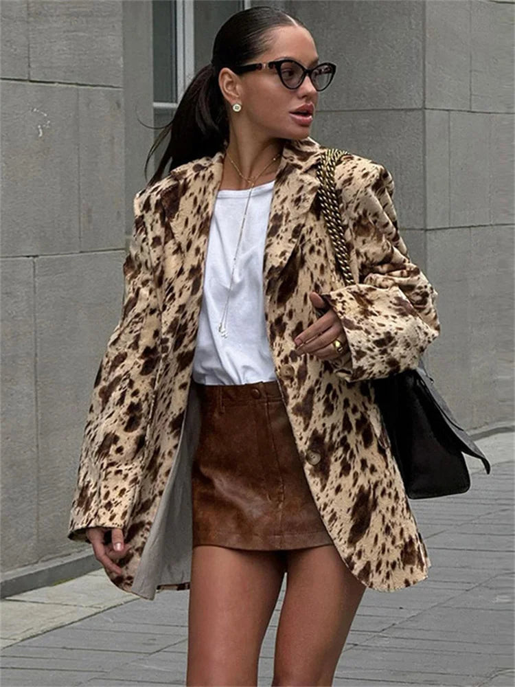 Aiertu  -  Winter Fashion Printed Suit Outwear Female Lapel Contrast Long Sleeve Vintage Patchwork Commute Clothes Ladies Blazers New Aiertu