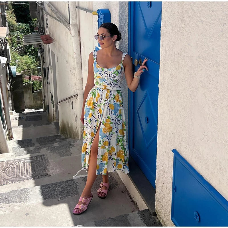 Aiertu  -  Elegant Flower Print Midi Dresses Women Off Shoulder Sleeveless Backless Lady Long Dress Summer Fashion Sexy Party Dresses Aiertu