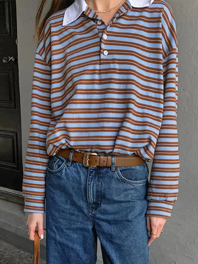 Aiertu  -  Striped Vintage Long Sleeve T-shirt Women Autumn New Turndown Collar Button T-shirts 2026 Streetwear Fashion Pullover Tops Tees Aiertu