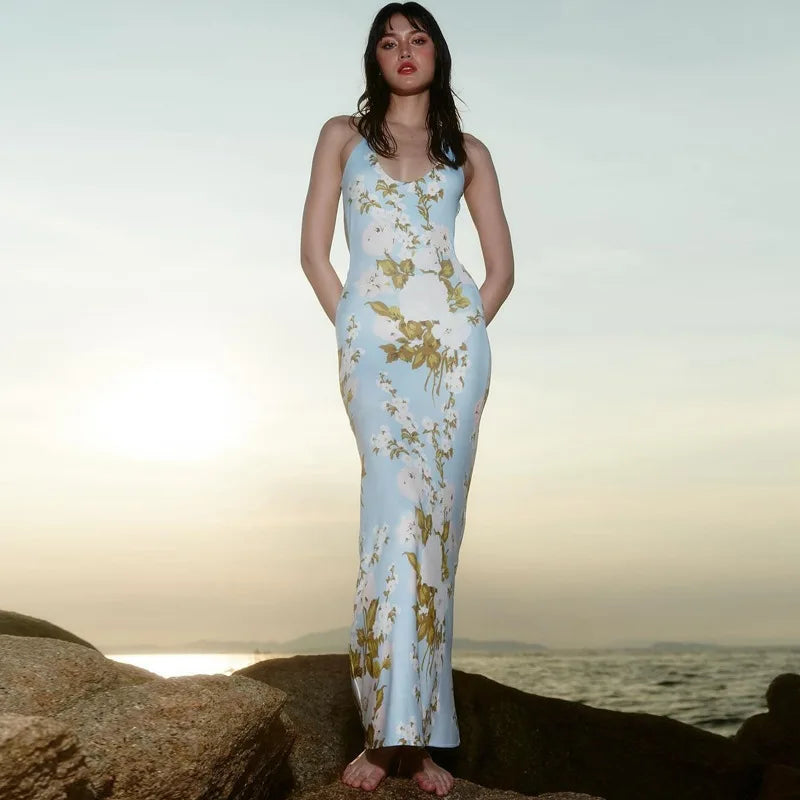 Aiertu  -   Sexy Backless Floral Print Slip Maxi Dress Beachwear Holiday Summer Sleeveless Long Dresse Robe Elegant Outfits Aiertu