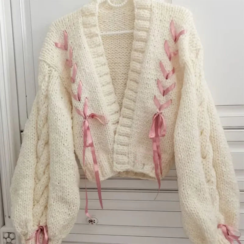 Aiertu  -  Women Autumn Winter Long Sleeve Sweater Y2K Aesthetic Grunge Retro Knitwear Coats Vintage Ribbon Bow Tie Up Knitted Cardigan Aiertu