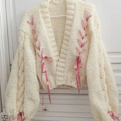 Aiertu  -  Women Autumn Winter Long Sleeve Sweater Y2K Aesthetic Grunge Retro Knitwear Coats Vintage Ribbon Bow Tie Up Knitted Cardigan Aiertu