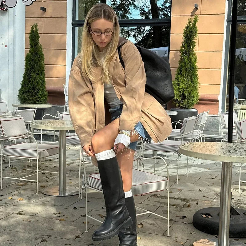 PICSGIRL  -  Fashion Lapel Zipper Women Jacket Full Sleeve Loose Female Coat Fashion Autumn Winter Vintage Solid Patchwork Lady Outwear Aiertu