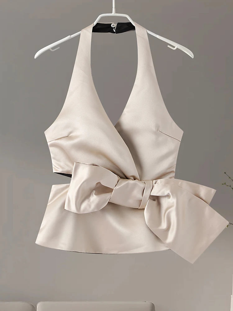 Aiertu  -  Sexy Satin Bow Halter Tank Women Chic Solid Cut Out Sleeveless Backless Top Female 2026 Summer Fashion Party Vest Lady Beachwear Aiertu