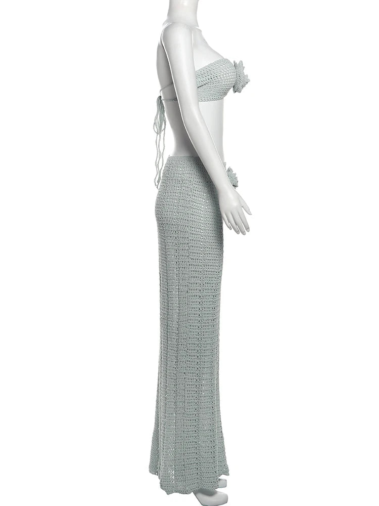 Aiertu  -  2 Piece Set Women Crochet Applique Chest Wrap Lace-Up Camisole+Skinny Solid Stretch Long Skirts Matching Elegant Suit Aiertu