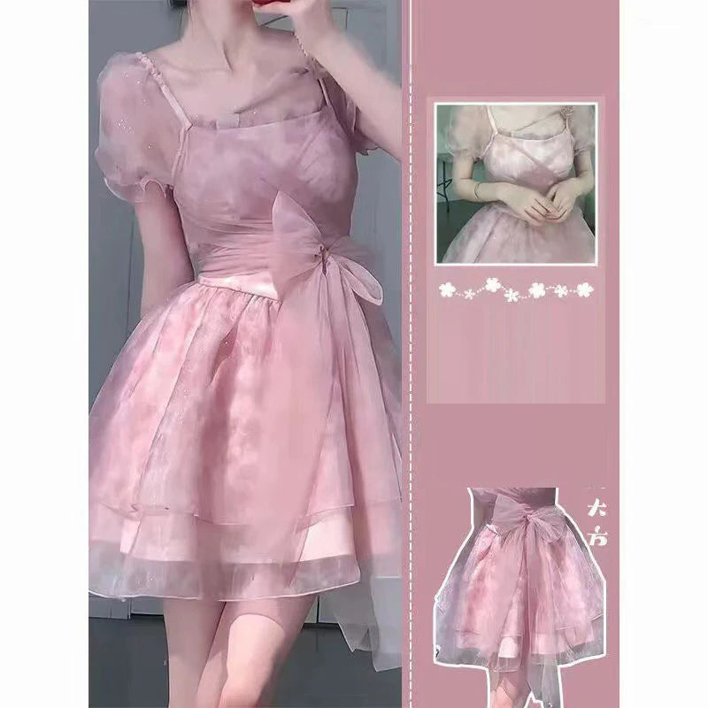 Aiertu Women Vintage Mesh Bow Lace Up Sequins Fairy Princess Party Dresses Summer High Waist Sweet Harajuku Y2K Mini Dress Vestido Aiertu