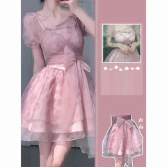 Aiertu Women Vintage Mesh Bow Lace Up Sequins Fairy Princess Party Dresses Summer High Waist Sweet Harajuku Y2K Mini Dress Vestido Aiertu