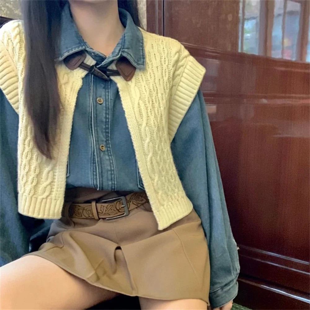 Aiertu  -  High Street Vintage Denim Shirts With Knitted Cardigans Vest Spring 2026 Loose Chic New Slim Casual Daily Office Lady Aiertu