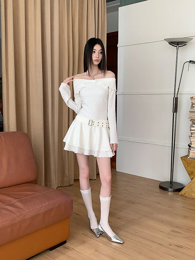Aiertu  -  Belted Textured Knit Mini Dress Women Solid White Off Shoulder Flare Sleeve Frill Trim One-piece Casual Autumn Clothes Aiertu