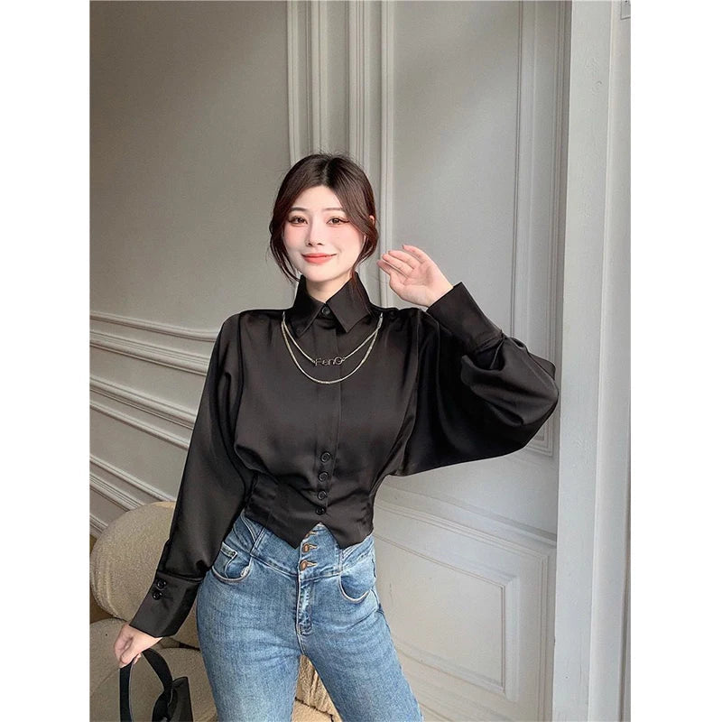 Aiertu Elegant Cropped White Shirts Women Korean Fashion Black Batwing Long Sleeve Blouses Office Ladies Basic Chic Tunic Tops Aiertu
