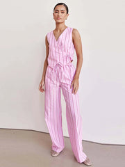Aiertu  -  Fashion Striped Long Pants Set Lady V-neck Sleeveless Cross Lace Up Vest Top Loose Straight Trousers 2 Piece Sets Women Outfit Aiertu