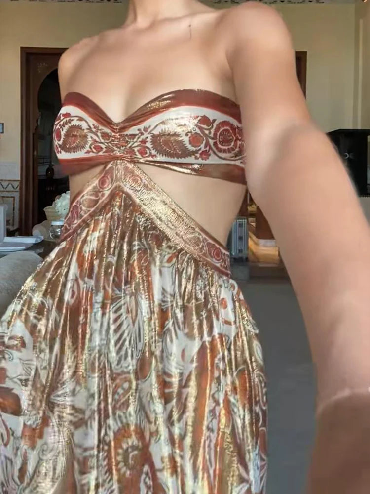 Aiertu  -  Luxury Floral Printed Strapless Maxi Dress For Women Vacation Hollow Out Waist Backless Long Dress Lady Evening Party Vestidos Aiertu
